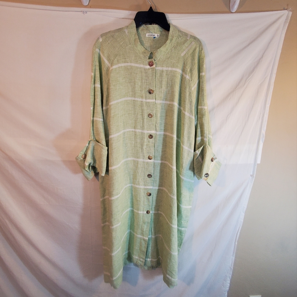 LUUKAA Women's Size 18 Striped Midi Dress 3/4 Sleeve Linen